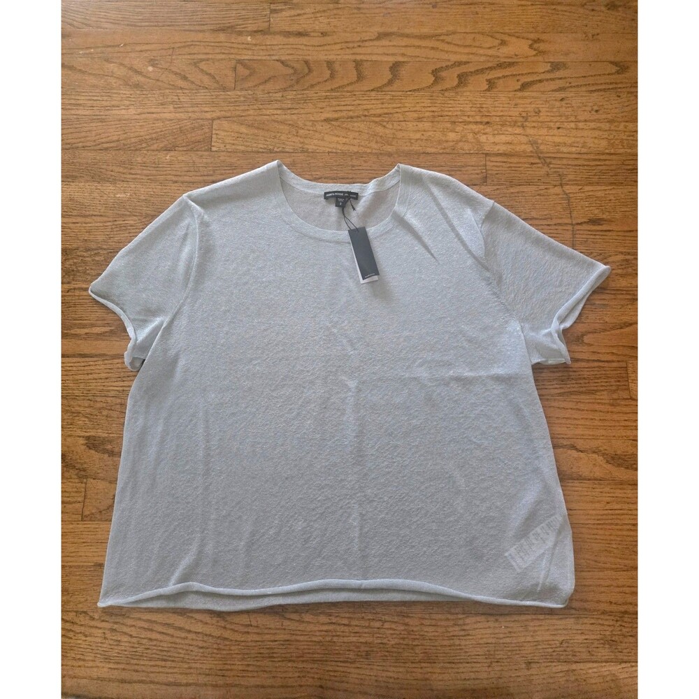 James Perse Womens Silver Metalic Semi Sheer Short Sleeve Blouse NWT $250